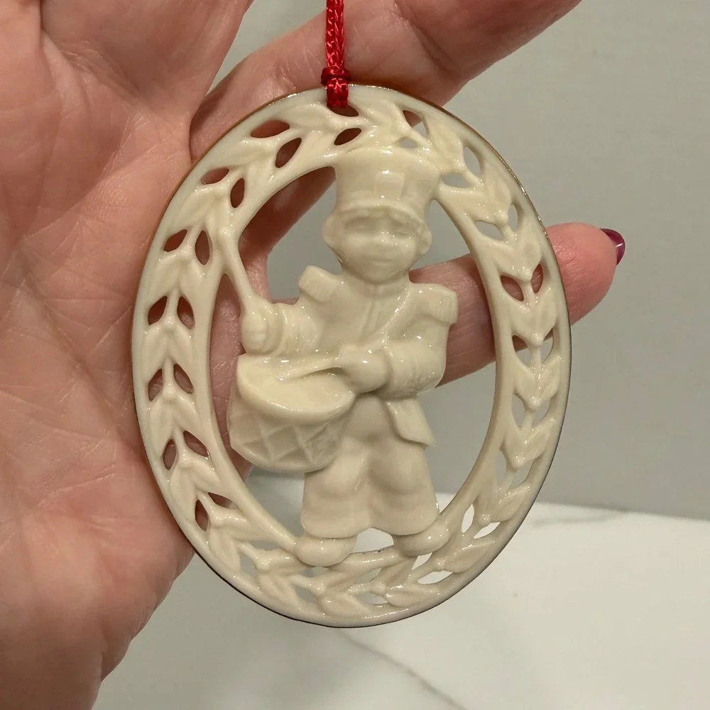 Vintage Lenox Porcelain Little Drummer Boy Christmas Ornament Oval Gold Trim 3